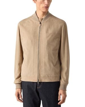 ZEGNA Regular Fit Suede Leather Bomber Jacket - Natural