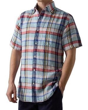 Robert Talbott Morgan Plaid Linen Short Sleeve Shirt - Blue