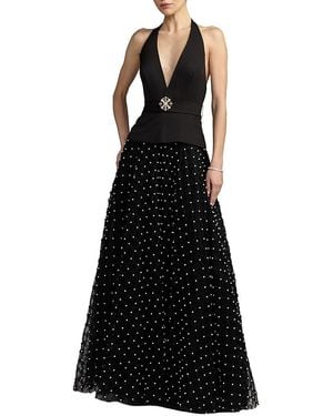 Mac Duggal Petite Halter Neck A-Line Gown With Pearl Embellished Skirt - Black