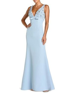Mac Duggal Crepe Sleeveless Beaded V Neck Gown With Bow - Blue