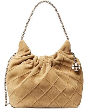 Tory Burch Fleming Mini Quilted Suede Crossbody Bag - Natural