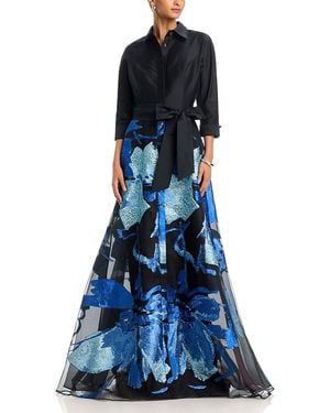 Teri Jon Taffeta Shirtwaist Metallic Organza Skirt Gown - Blue
