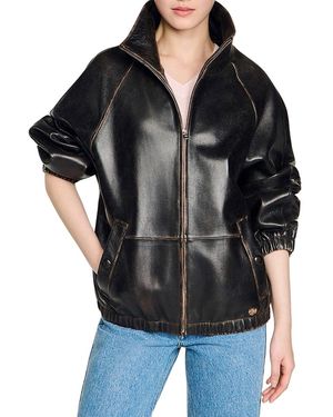 Sandro Jordan Distressed Leather Jacket - Black