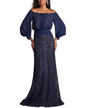 Tadashi Shoji Azura Off-Shoulder Blouson Embroidered Gown - Blue
