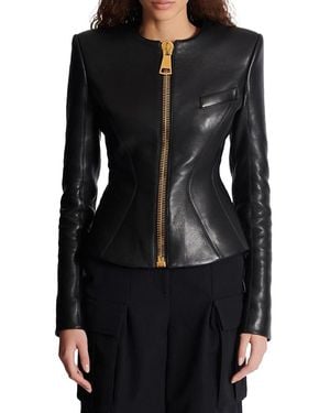 Balmain Cropped Peplum Lambskin Jacket - Black