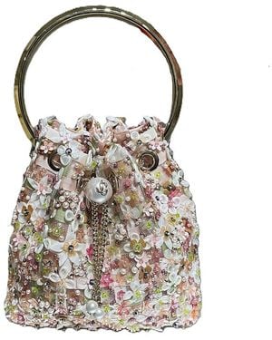 Jimmy Choo Bon Bon Floral Embroidered Mesh Top Handle Bucket Bag - White