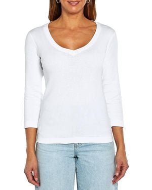 Three Dots Cotton V Neck Three Quarter Sleeve Tee - White