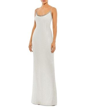 Mac Duggal Beaded Spaghetti Strap Column Gown - White