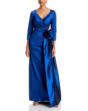 Teri Jon Taffeta Floral Applique Draped Gown - Blue