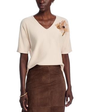 Sioni Short Sleeve V Neck Flower Embellishment Sweater - Natural