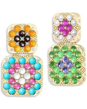 Harwell Godfrey 18K 1975 Multi Gemstone & Diamond Granny Squares Thelma Mismatch Drop Earrings - White