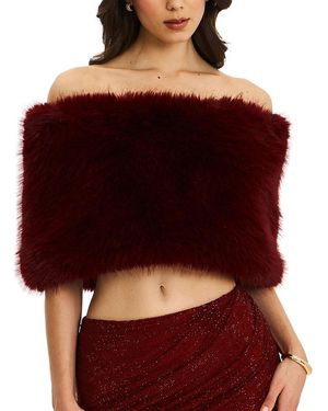 Miss Circle Darla Faux Fur Off-Shoulder Cropped Top - Red