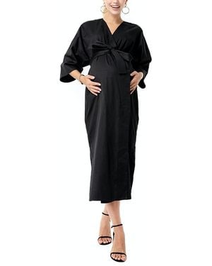 Accouchée Amaterasu Tie Belt Maternity/Nursing Wrap Midi Dress - Black