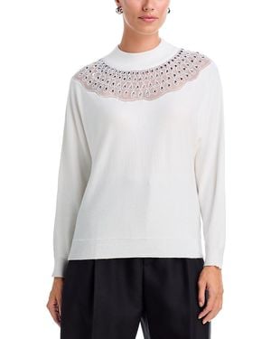 Tahari Crystal Embellished Yoke Mock Neck Sweater - White