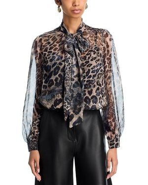 Aqua Leopard Print Tie Neck Top - Black