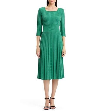 Ming Wang Linear Pointelle Tonal Knit Fit And Flare Midi Dress - Green