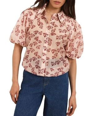 Mint Velvet Heart Print Puff Sleeve Shirt - Red