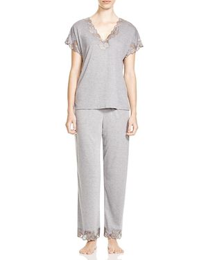 Natori Zen Floral Lace Trim Short Sleeve Pajama Set - Gray