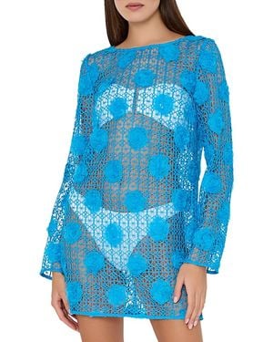 MILLY 3D Floral Crochet Swim Cover Up Dress - Blue