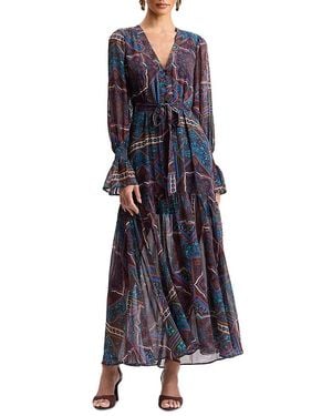 Avec Les Filles Plunge Neck Tie Waist Tiered Maxi Dress - Blue