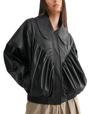 Luvee Mable Faux Leather Oversized Retro Bomber Jacket - Black