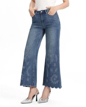 Bayeas Vine Embroidered Mid Rise Flare Wavy Hem Denim Jeans - Blue