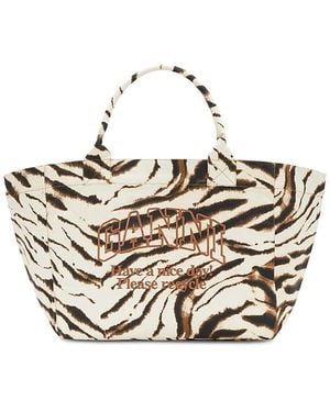 Ganni Xxl Zebra Canvas Shopper Tote - Metallic