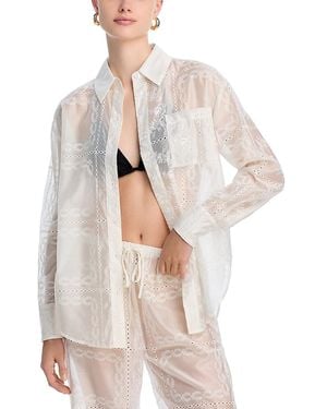 Aqua Embroidered Swim Cover-Up Shirt- Exclusive - White