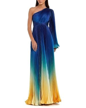 Mac Duggal Petite Pleated Charmeuse One-Shoulder Ombre Gown With Flared Sleeve - Blue