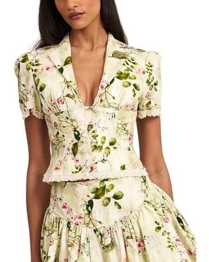 Miss Circle Zanella Floral Print Lace Trim Linen Top - Green