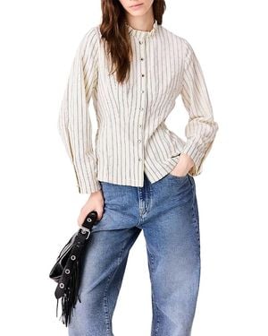 Maje Rhinestone High Ruffle Neck Shirt - Blue