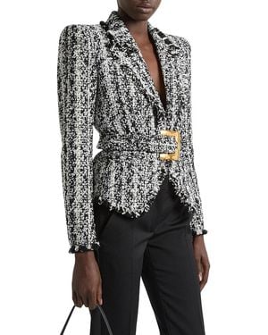 Balmain Two-Tone Tweed Belted Jacket - Black