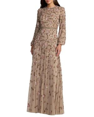 Mac Duggal Sequin Mesh Blouson Long Sleeve A Line Gown - Brown