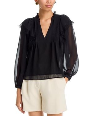 Aqua Lace Trim Split Neck Blouse - Black