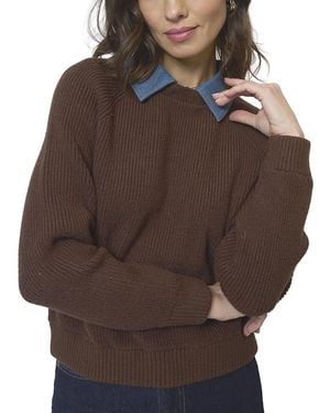Central Park West Dash Denim Collar Pullover Sweater - Brown