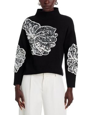 Tahari Long Sleeve Funnel Neck Sequin Soutache Sweater - Black