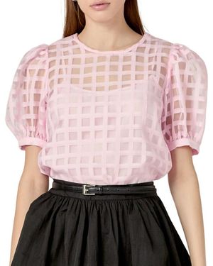 English Factory Plaid Sheer Puff Sleeve Top - Pink