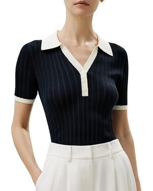 LILYSILK V Neck Ribbed Silk Knit Top - Black