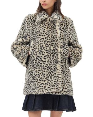 Ganni Leopard Faux Fur Coat - Gray