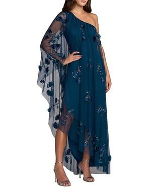 Mac Duggal One Shoulder Asymmetrical Net Gown With Flowers - Blue