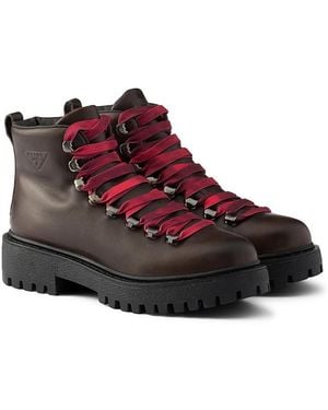 Prada Leather Lace-Up Booties - Red