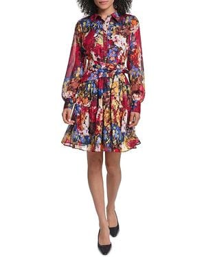 KARL LAGERFELD Floral Print Long Sheer Sleeve Tie Waist Shirt Dress - Red