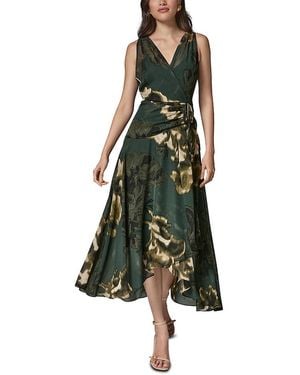 Donna Karan Printed Chiffon Crossover Neck Faux Wrap Dress - Green