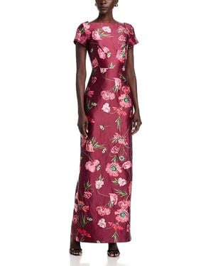Erdem Floral Textured Satin Short Sleeve Gown