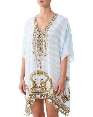 CAMILLA Silk Lace Up Kaftan Cover-Up - Blue