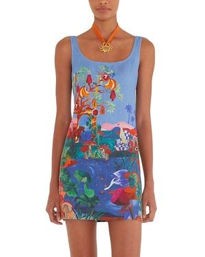 FARM Rio Dream Landscape Linen Dress - Blue