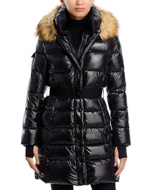 Aqua Long Belted Puffer With Faux Fur Trimmed Hood - Black