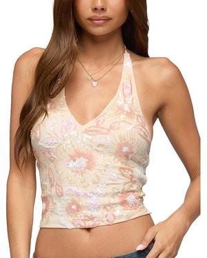 Edikted Catia Backless Sequin Mesh Halter Top - Natural