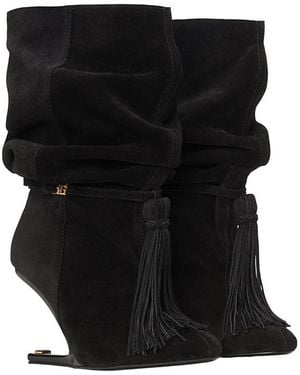 Balmain No Wedge Suede Leather Ankle Boots With Tassel - Black