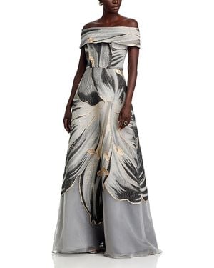 Teri Jon Jacquard Off The Shoulder Gown - Gray